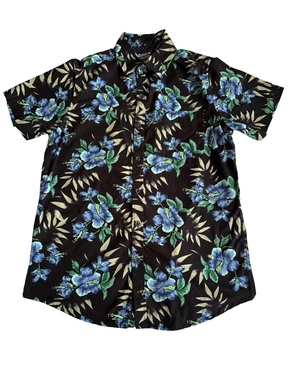 Monument Hawaiian Shirt Men’s Small Black Blue Hibiscus Floral Tropical